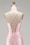 Satin Pink Mermaid Ruched Long Prom Dress with Slit