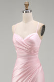 Satin Pink Mermaid Ruched Long Prom Dress with Slit