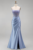 Dusty Blue Floral Appliques Sequins Sheer Corset Ruched Mermaid Satin Long Prom Dress