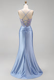 Dusty Blue Floral Appliques Sequins Sheer Corset Ruched Mermaid Satin Long Prom Dress