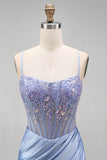 Dusty Blue Floral Appliques Sequins Sheer Corset Ruched Mermaid Satin Long Prom Dress