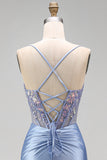 Dusty Blue Floral Appliques Sequins Sheer Corset Ruched Mermaid Satin Long Prom Dress