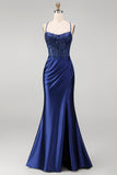 Navy Floral Embroidery Corset Ruched Mermaid Satin Long Prom Dress with Side Slit