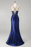 Navy Floral Embroidery Corset Ruched Mermaid Satin Long Prom Dress with Side Slit