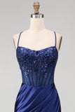 Navy Floral Embroidery Corset Ruched Mermaid Satin Long Prom Dress with Side Slit