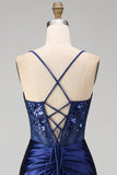 Navy Floral Embroidery Corset Ruched Mermaid Satin Long Prom Dress with Side Slit
