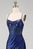 Navy Floral Embroidery Corset Ruched Mermaid Satin Long Prom Dress with Side Slit