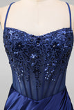 Navy Floral Embroidery Corset Ruched Mermaid Satin Long Prom Dress with Side Slit