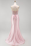 Satin Beaded Pink Corset Ruched Mermaid Long Prom Dress with Side Slit