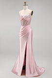 Satin Beaded Pink Corset Ruched Mermaid Long Prom Dress with Side Slit