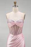 Satin Beaded Pink Corset Ruched Mermaid Long Prom Dress with Side Slit