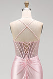 Satin Beaded Pink Corset Ruched Mermaid Long Prom Dress with Side Slit