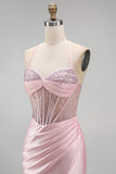 Satin Beaded Pink Corset Ruched Mermaid Long Prom Dress with Side Slit