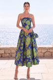 Pink Flower Strapless A-Line Jacquard Midi Dress
