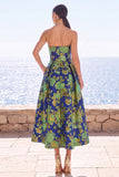 Pink Flower Strapless A-Line Jacquard Midi Dress