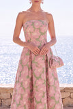 Pink Flower Strapless A-Line Jacquard Midi Dress