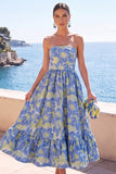 Dark Green Strapless A-Line Jacquard Midi Floral Dress with Ruffles