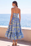 Dark Green Strapless A-Line Jacquard Midi Floral Dress with Ruffles