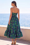 Dark Green Strapless A-Line Jacquard Midi Floral Dress with Ruffles