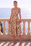 Apricot Square Neck A-Line Jacquard Floral Midi Dress