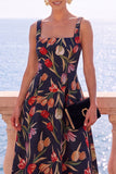 Apricot Square Neck A-Line Jacquard Floral Midi Dress