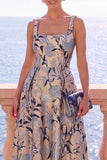 Apricot Square Neck A-Line Jacquard Floral Midi Dress