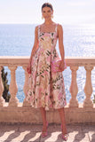 Apricot Square Neck A-Line Jacquard Floral Midi Dress