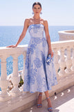 A-Line Jacquard Blue Strapless Floral Midi Dress
