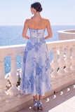 A-Line Jacquard Blue Strapless Floral Midi Dress