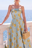 A-Line Jacquard Blue Strapless Floral Midi Dress