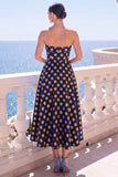 A-Line Jacquard Blue Strapless Floral Midi Dress
