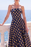 A-Line Jacquard Blue Strapless Floral Midi Dress