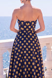 A-Line Jacquard Blue Strapless Floral Midi Dress