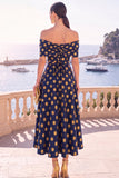 Navy Green Flower Off the Shoulder A-Line Midi Dress with Lace Up Back