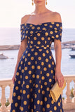 Navy Green Flower Off the Shoulder A-Line Midi Dress with Lace Up Back
