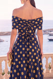 Navy Green Flower Off the Shoulder A-Line Midi Dress with Lace Up Back