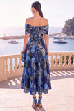 Navy Green Flower Off the Shoulder A-Line Midi Dress with Lace Up Back