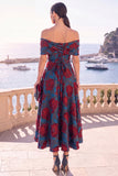 Navy Green Flower Off the Shoulder A-Line Midi Dress with Lace Up Back