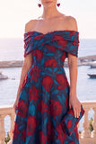 Navy Green Flower Off the Shoulder A-Line Midi Dress with Lace Up Back