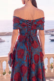 Navy Green Flower Off the Shoulder A-Line Midi Dress with Lace Up Back