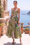Olive Sweetheart A-Line Jacquard Ruched Floral Midi Dress