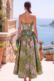 Olive Sweetheart A-Line Jacquard Ruched Floral Midi Dress