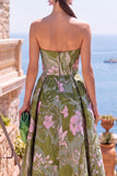 Olive Sweetheart A-Line Jacquard Ruched Floral Midi Dress