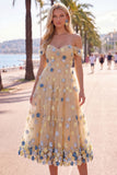Off the Shoulder Red Flower A-Line Tulle Midi Dress with Appliques