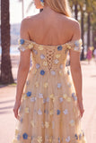 Off the Shoulder Red Flower A-Line Tulle Midi Dress with Appliques