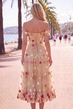 Off the Shoulder Red Flower A-Line Tulle Midi Dress with Appliques