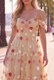 Off the Shoulder Red Flower A-Line Tulle Midi Dress with Appliques