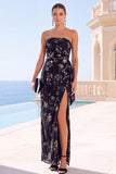 Green Velvet Strapless Ruched Maxi Floral Dress with Slit