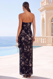 Green Velvet Strapless Ruched Maxi Floral Dress with Slit