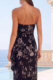 Green Velvet Strapless Ruched Maxi Floral Dress with Slit